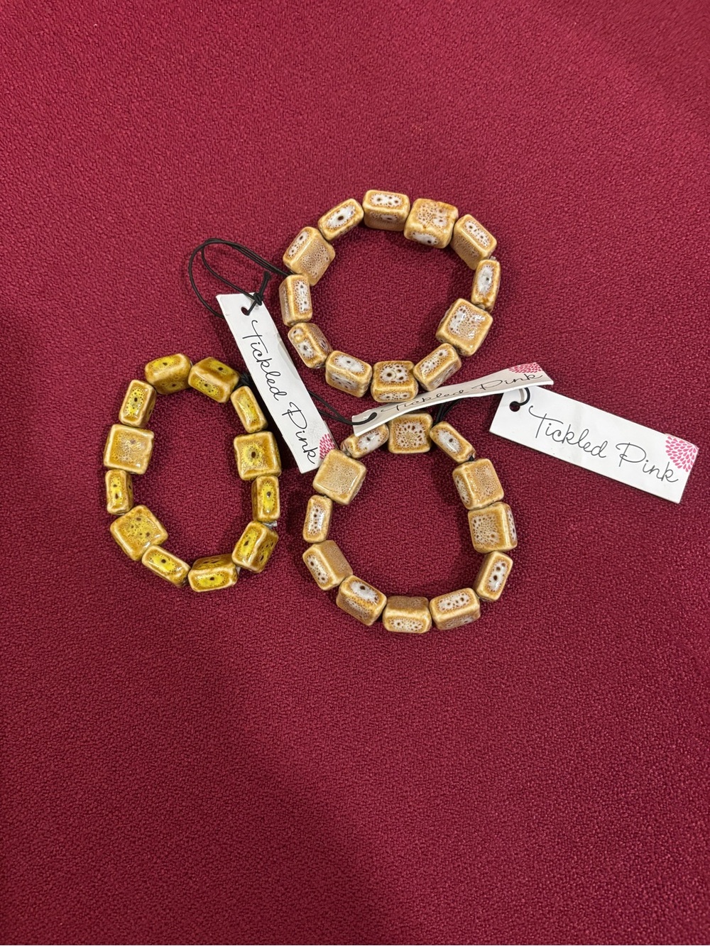 GORGEOUS GLAZED POTTERY BEAD STRETCH BRACELETS- Set Of  3 -NWT.  By Tickled Pink